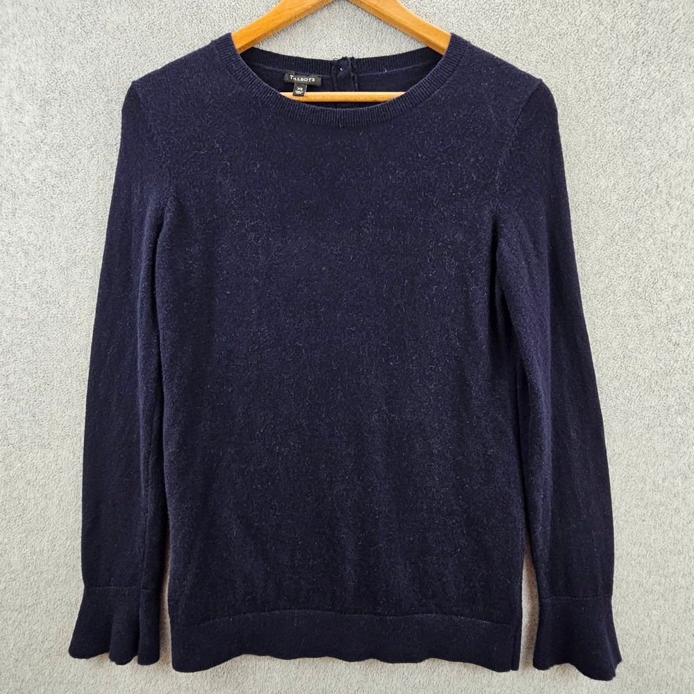 TALBOTS Sweater Womens XS Navy Blue Fluted Cuff Lambswool Knit Classic Career